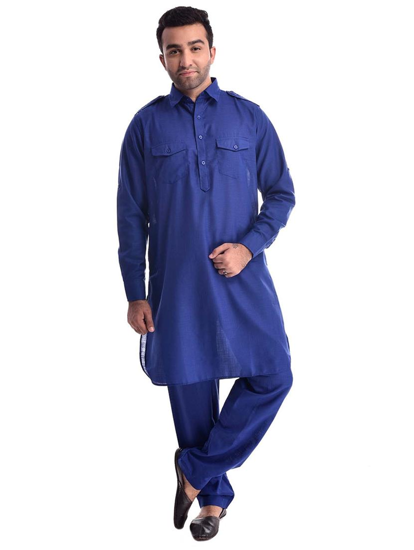 men solid long sleeve pathani kurta set