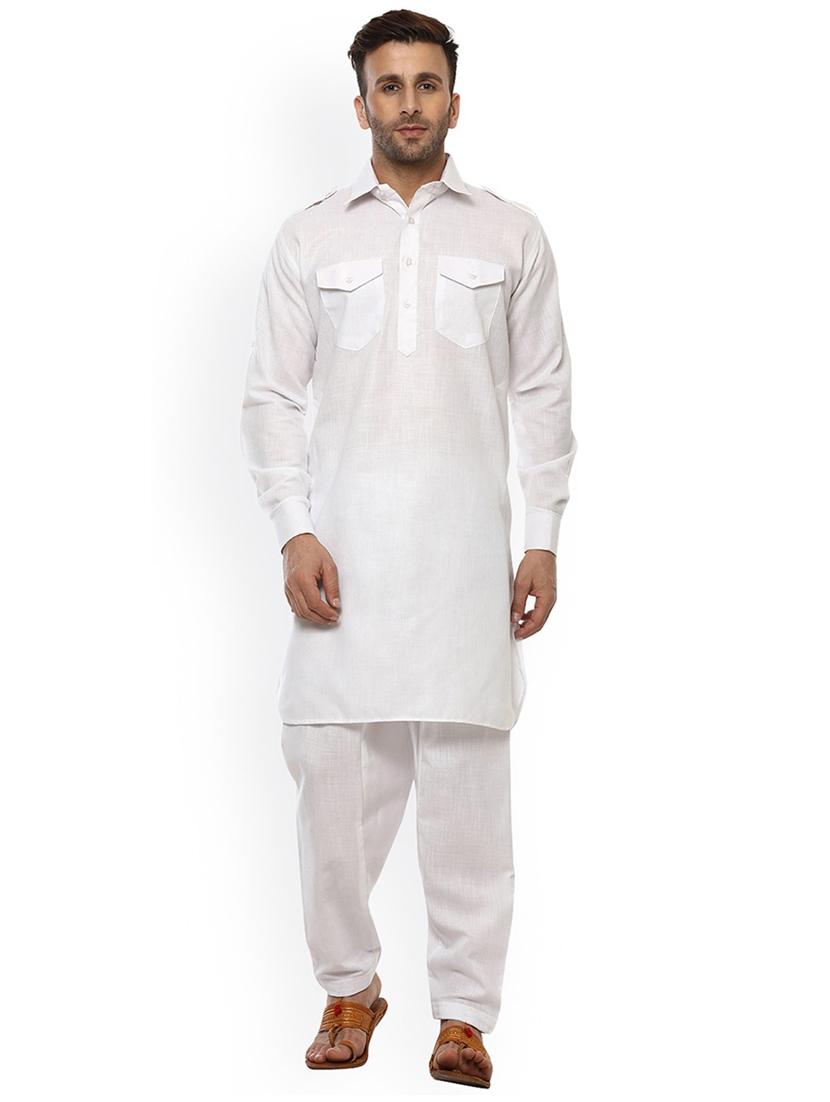men solid long sleeve pathani kurta set