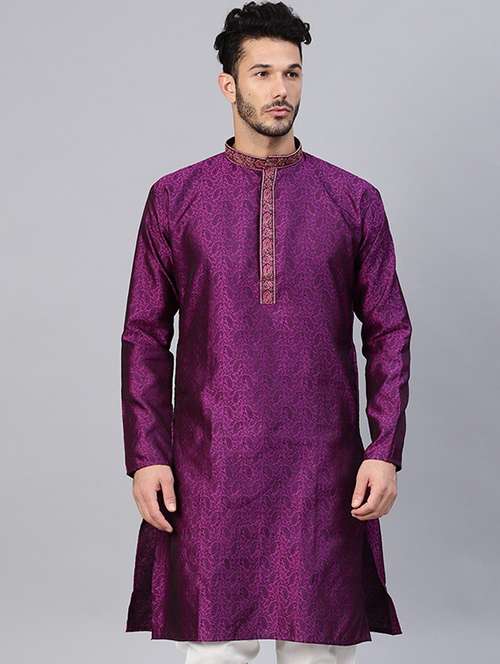 men embroidered mandarin collar long sleeve kurta - 22001086 -  Standard Image - 0