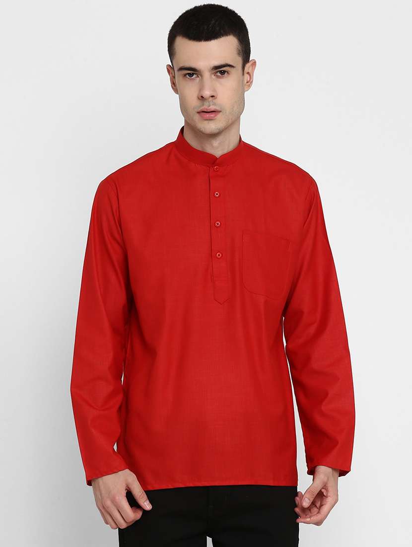 red cotton men solid mandarin collar long sleeve short kurta kurtas kurta - 22001155 -  Zoom Image - 0