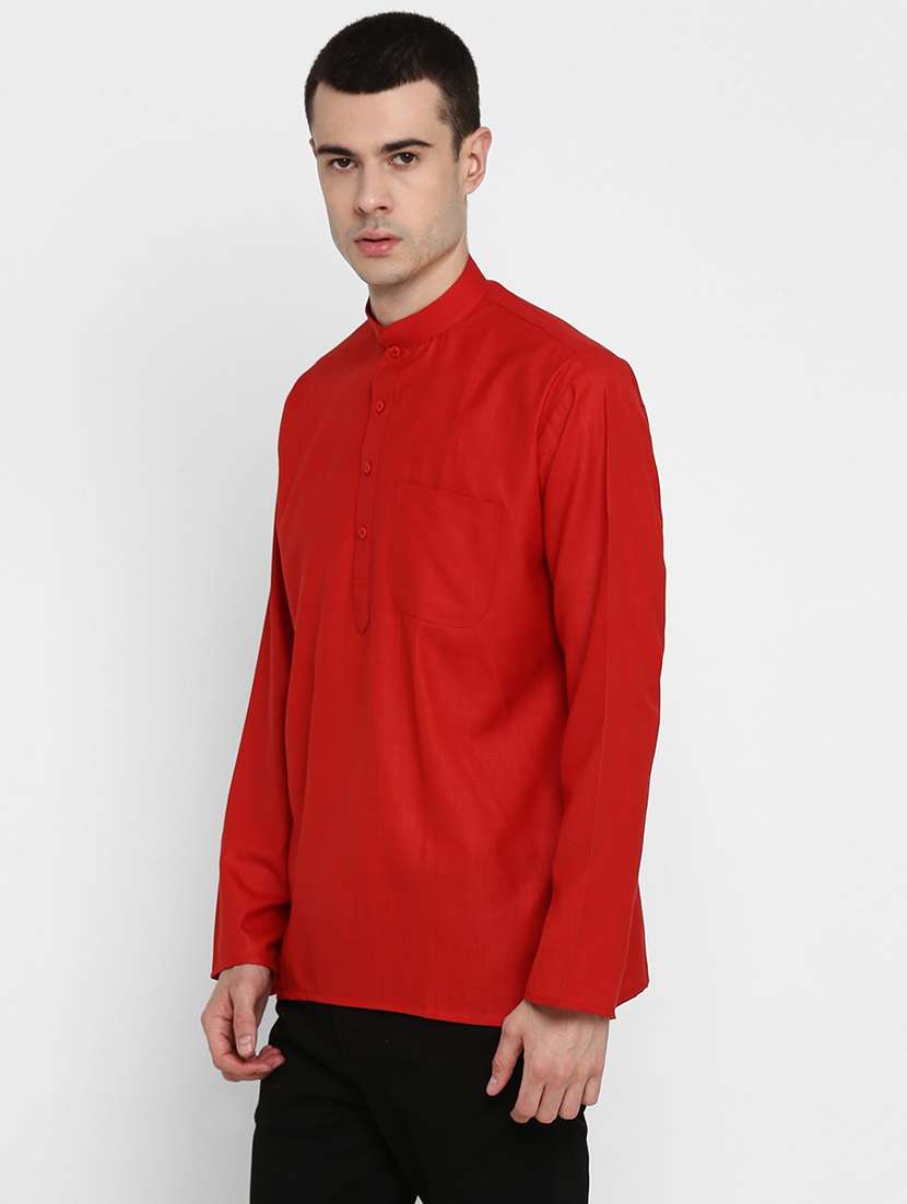 red cotton men solid mandarin collar long sleeve short kurta kurtas kurta - 22001155 - Standard Image - 5