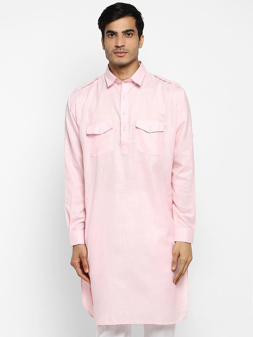 men solid collared long sleeve pathani kurta 