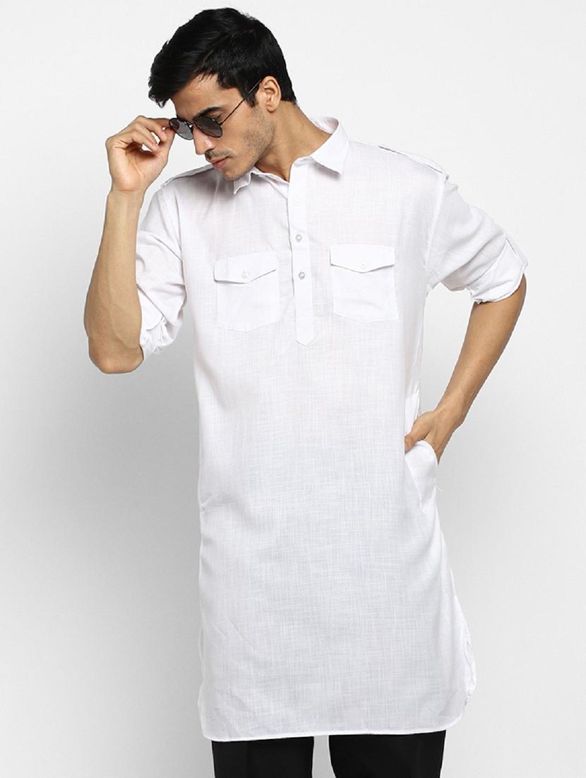 men solid collared long sleeve pathani kurta 