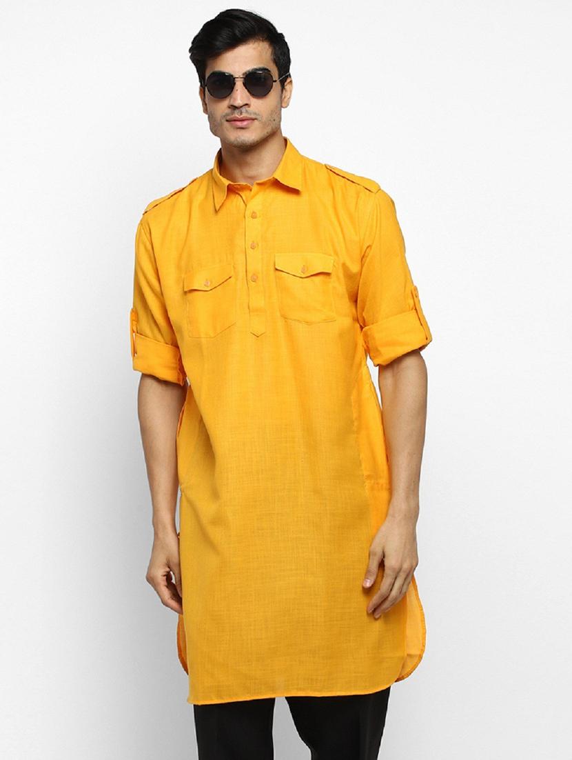 men solid collared long sleeve pathani kurta 