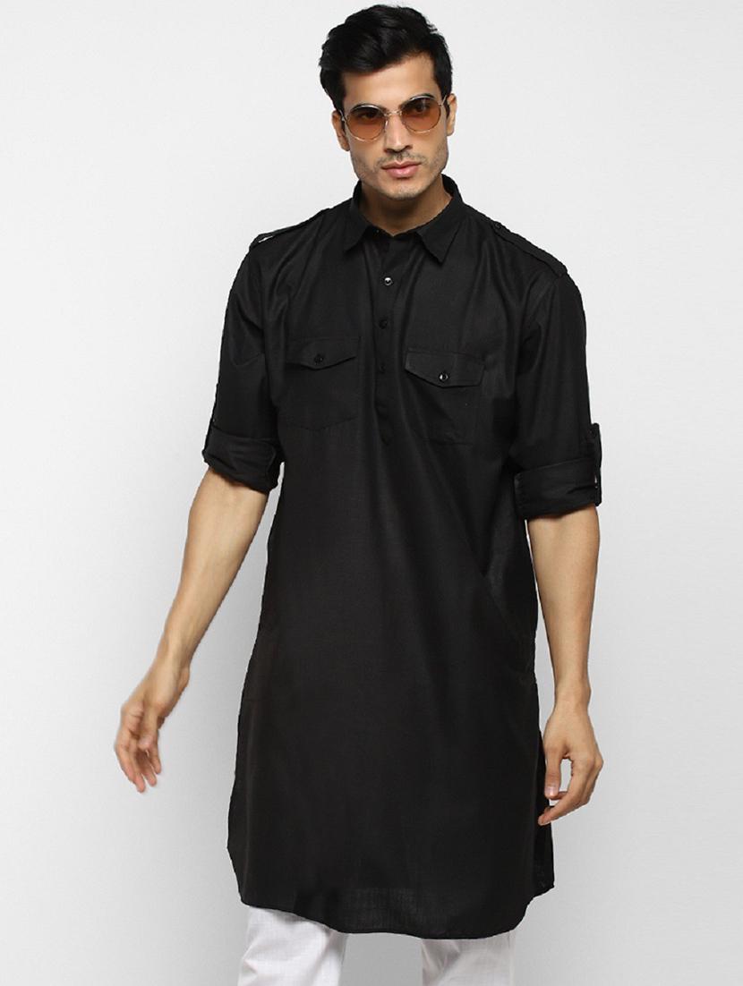 men solid collared long sleeve pathani kurta 