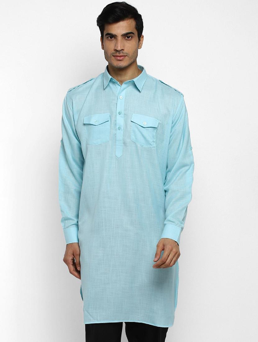 men solid collared long sleeve pathani kurta 