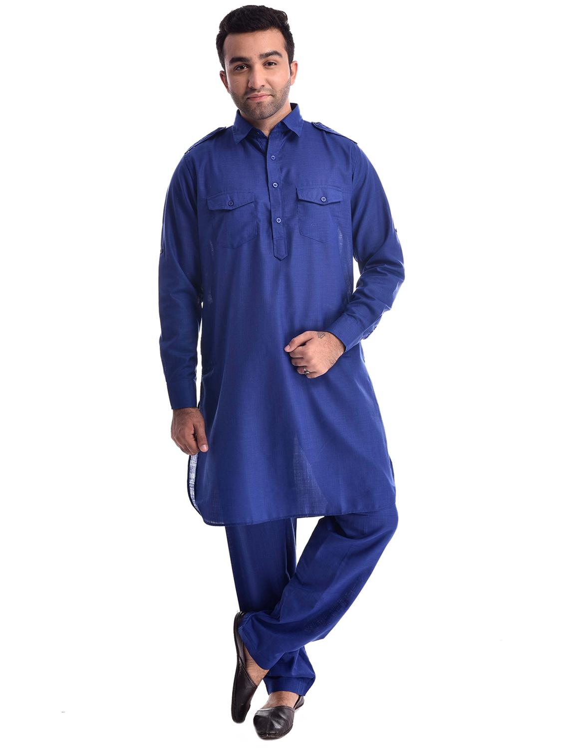 men solid collared long sleeve pathai kurta
