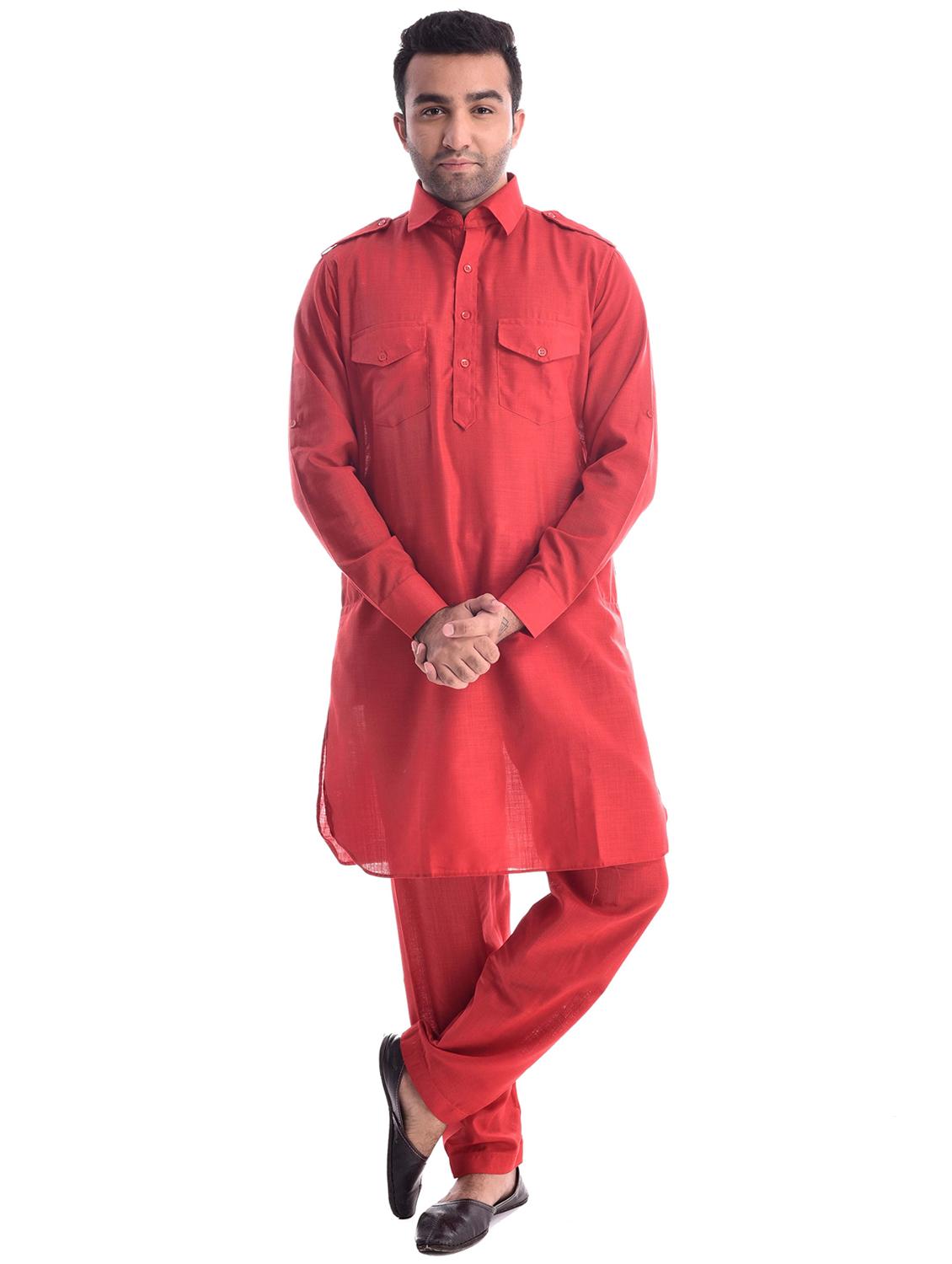 men solid collared long sleeve pathai kurta