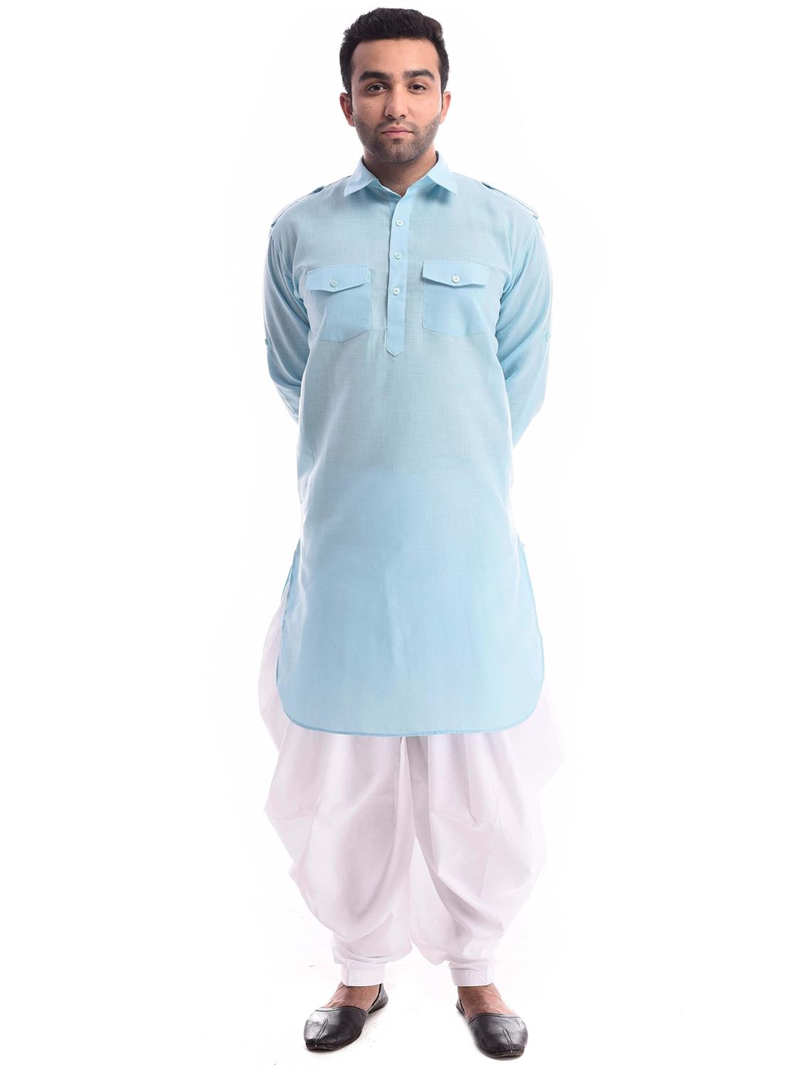 men solid collared long sleeve pathai kurta