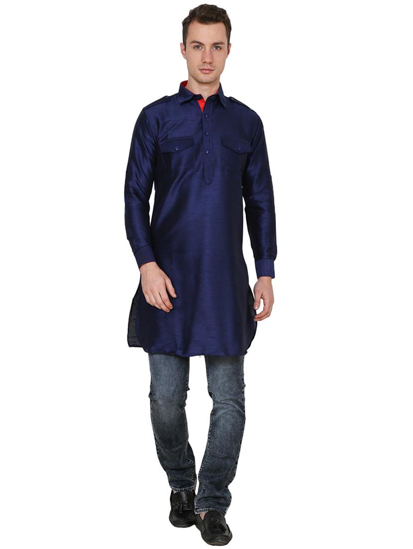 men solid collared long sleeve pathani kurta