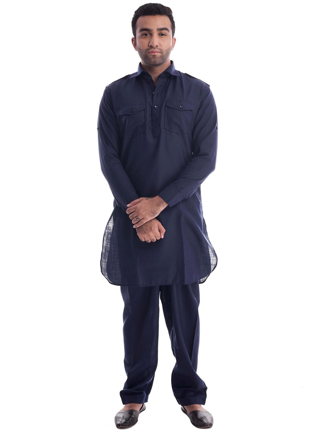 men solid collared long sleeve pathai kurta