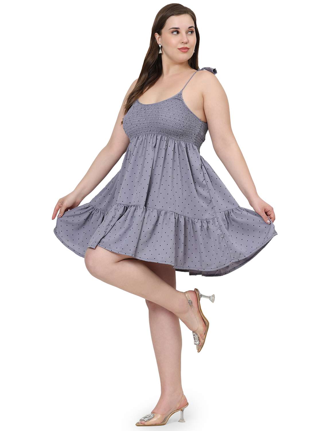 women polka doted shoulder strap tiered dress - 22001253 - Standard Image - 3