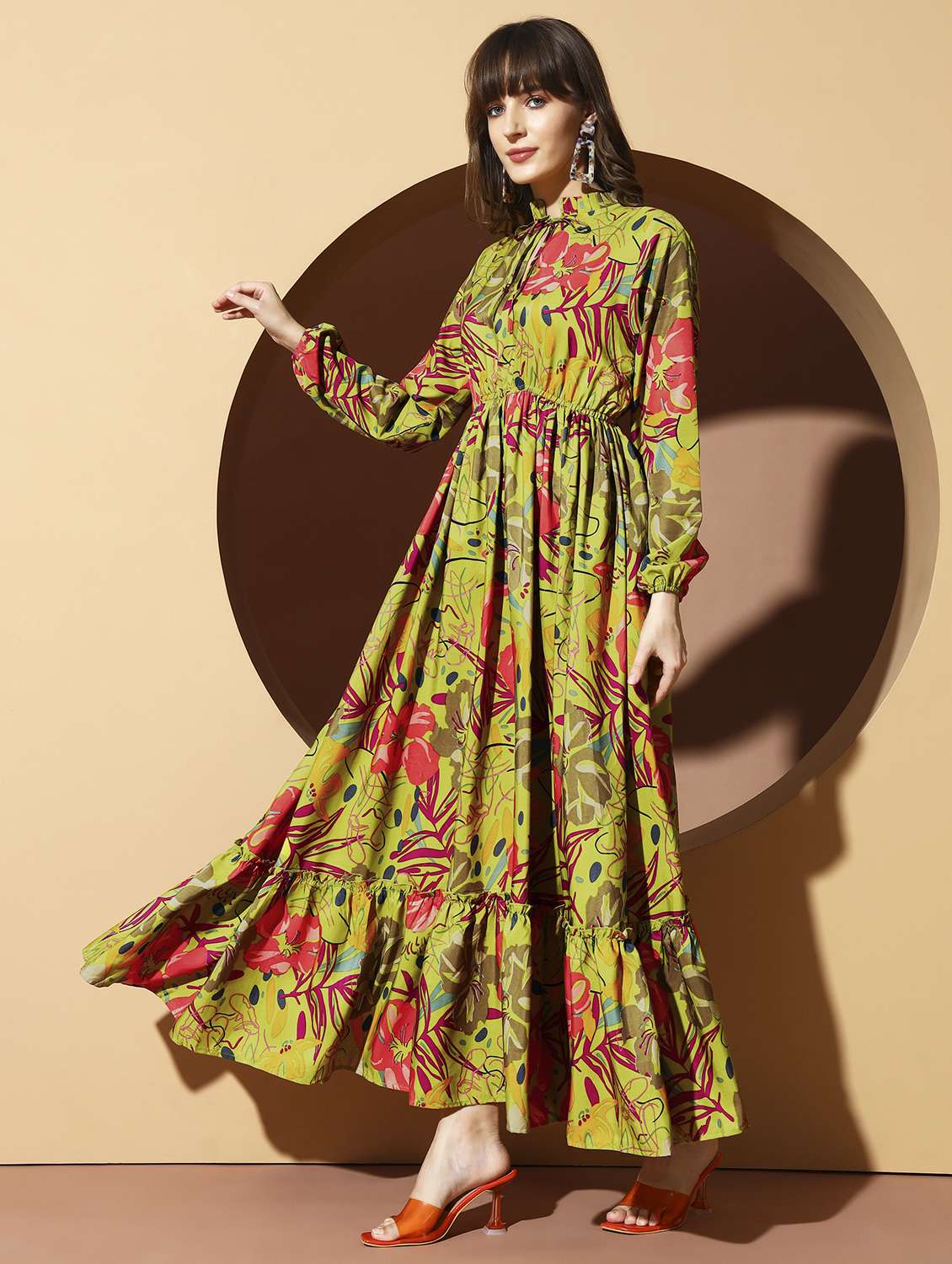 women floral print puff sleeve tiered maxi dress