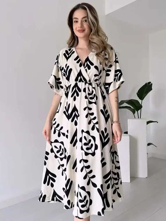 women printed short sleeve fit & flare dress
