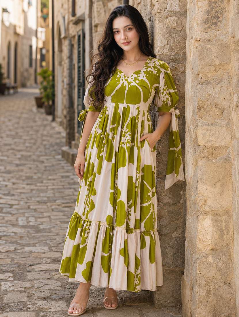women floral print puff sleeve tiered maxi dress