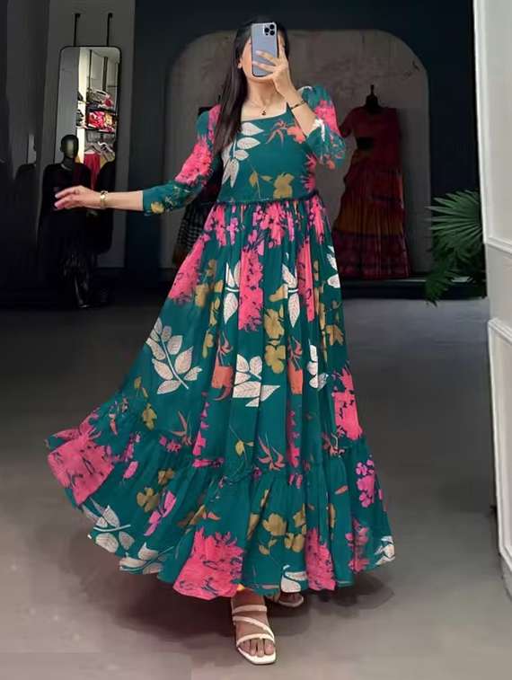 women floral printed puff sleeve tiered dress