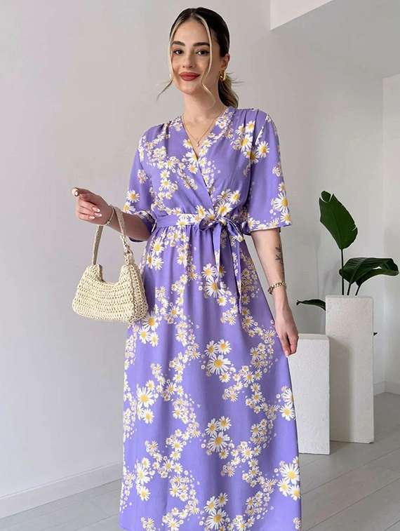 women lavender floral print a-line dress - 22001281 -  Standard Image - 3
