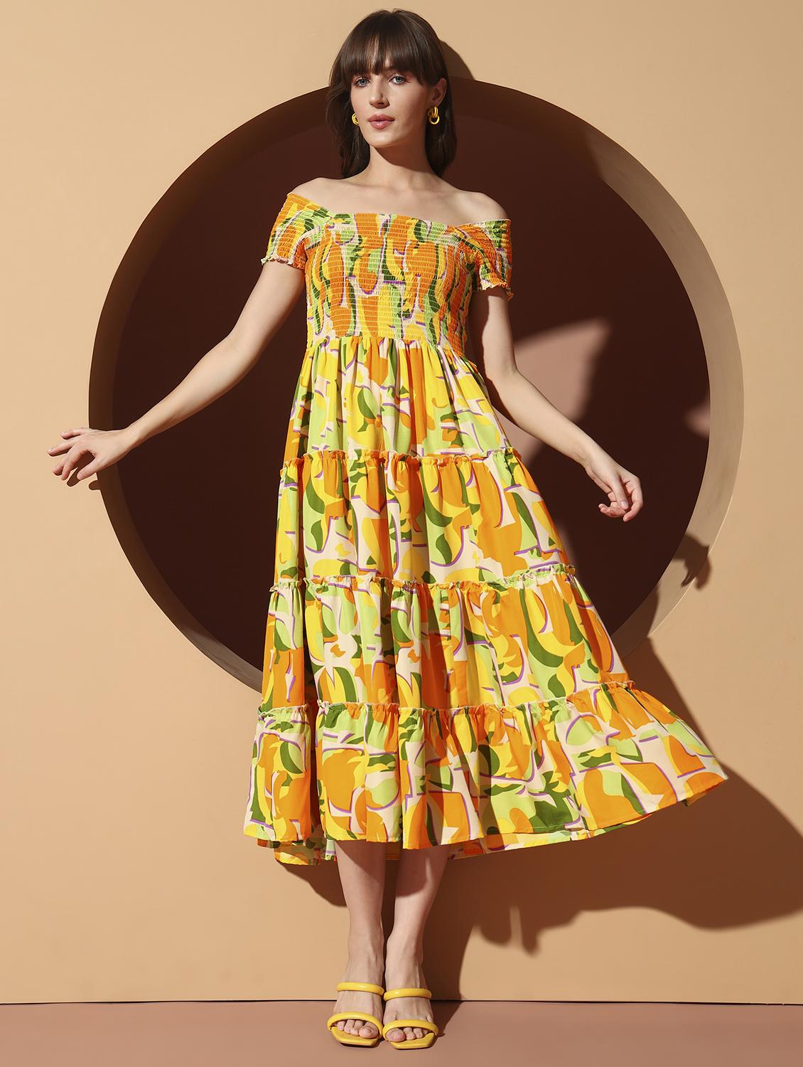 women printed off shoulder smocked detailed tiered dress - 22001285 - Standard Image - 3