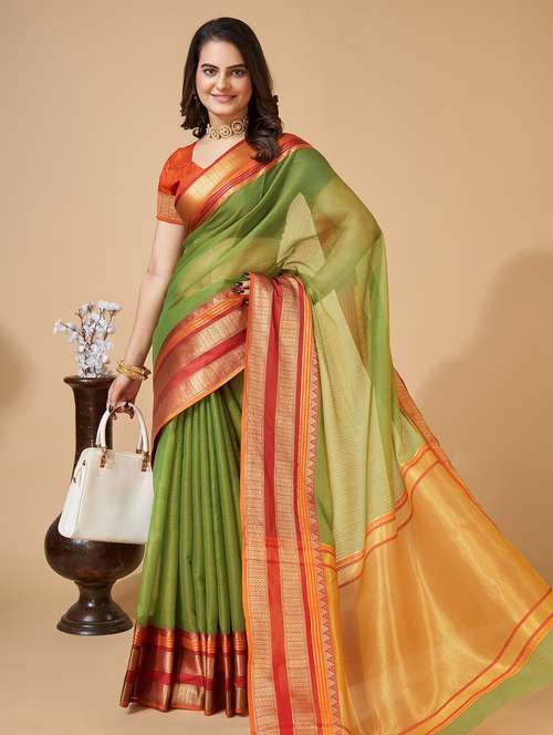 women solid with bordered kota doria saree with blouse - 22001287 -  Standard Image - 0