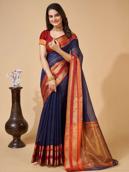 women solid with bordered kota doria saree with blouse - 22001288 -  Standard Image - 0