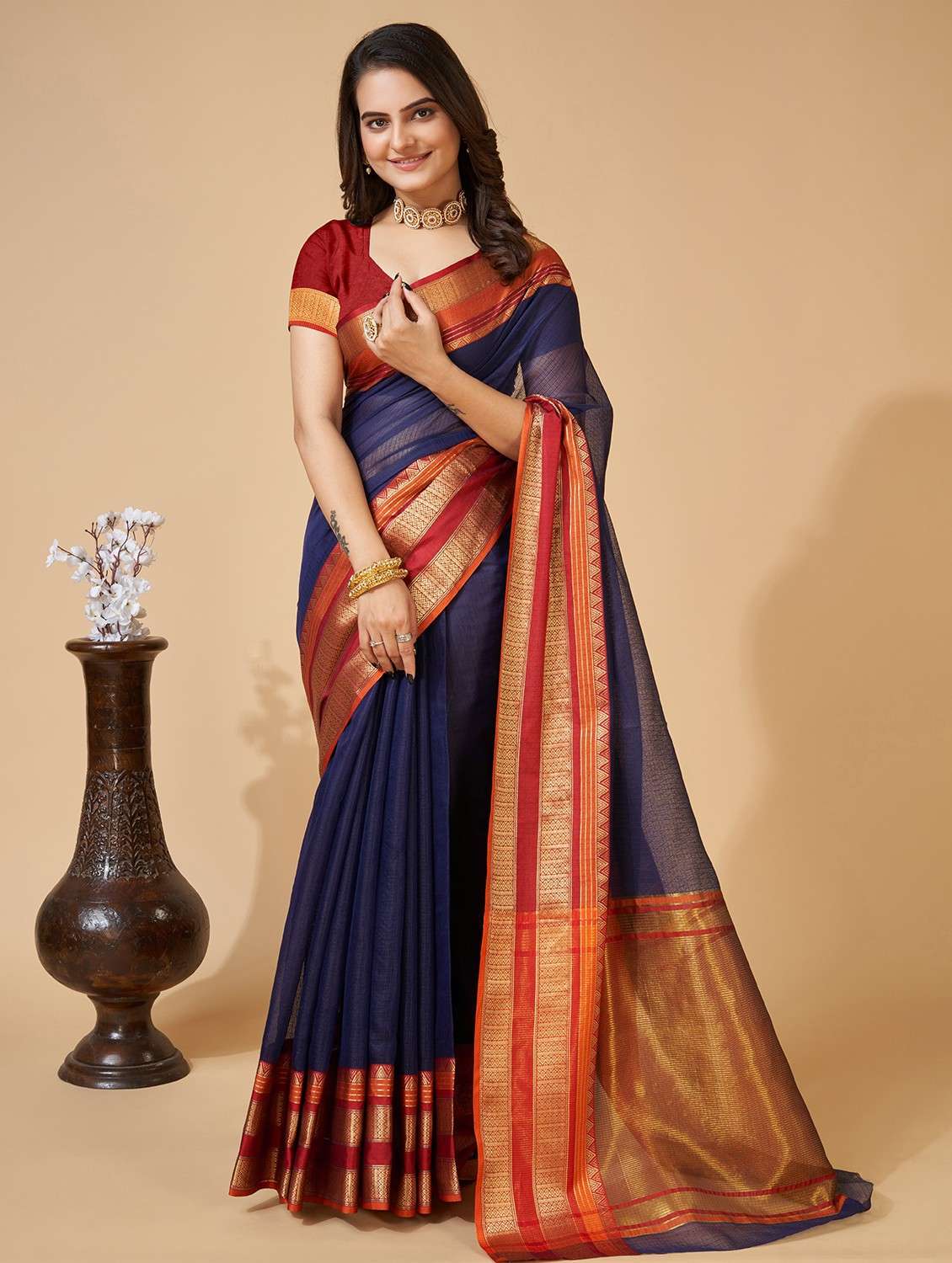 women solid with bordered kota doria saree with blouse