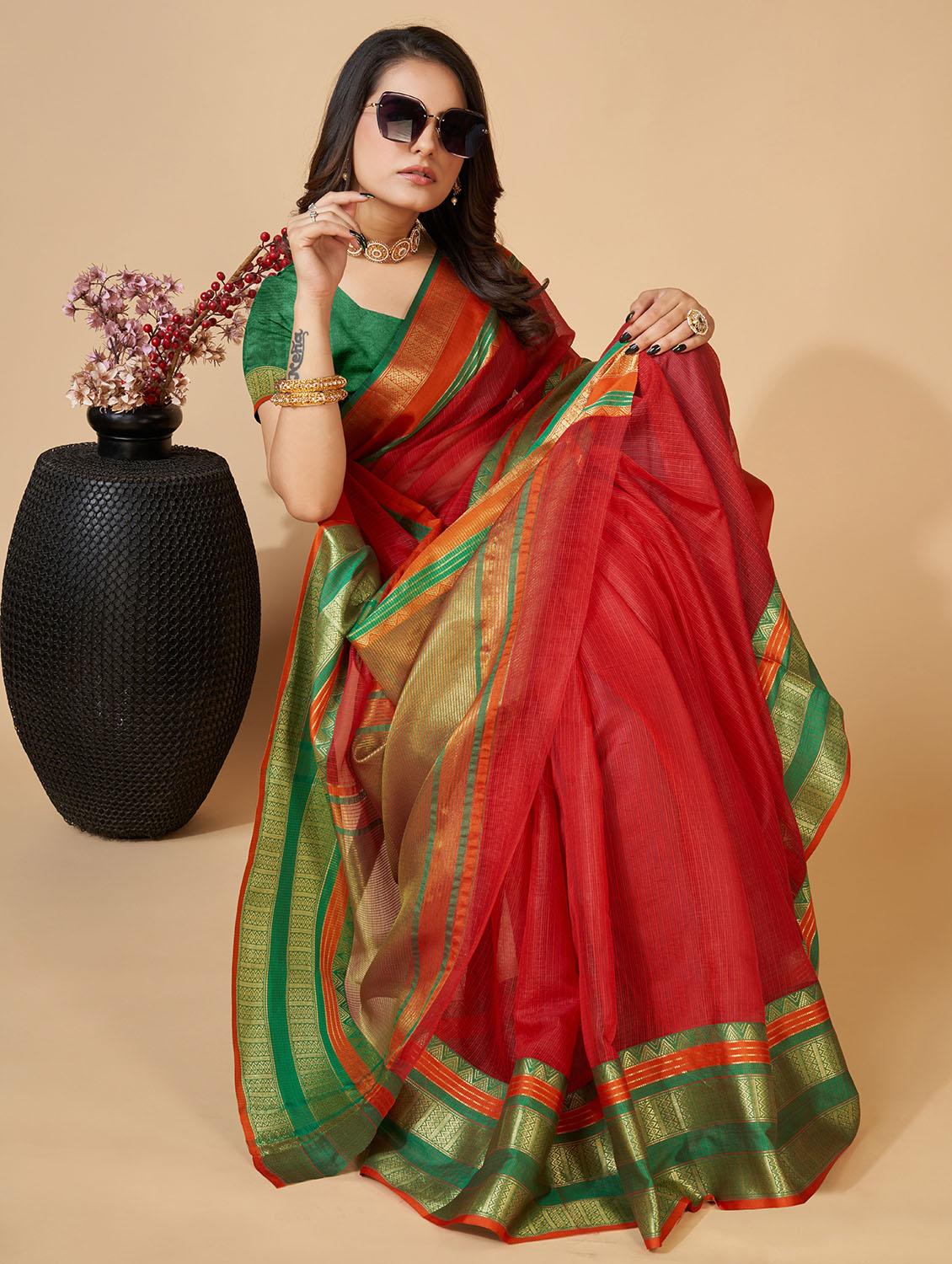 women solid with bordered kota doria saree with blouse - 22001292 - Standard Image - 3