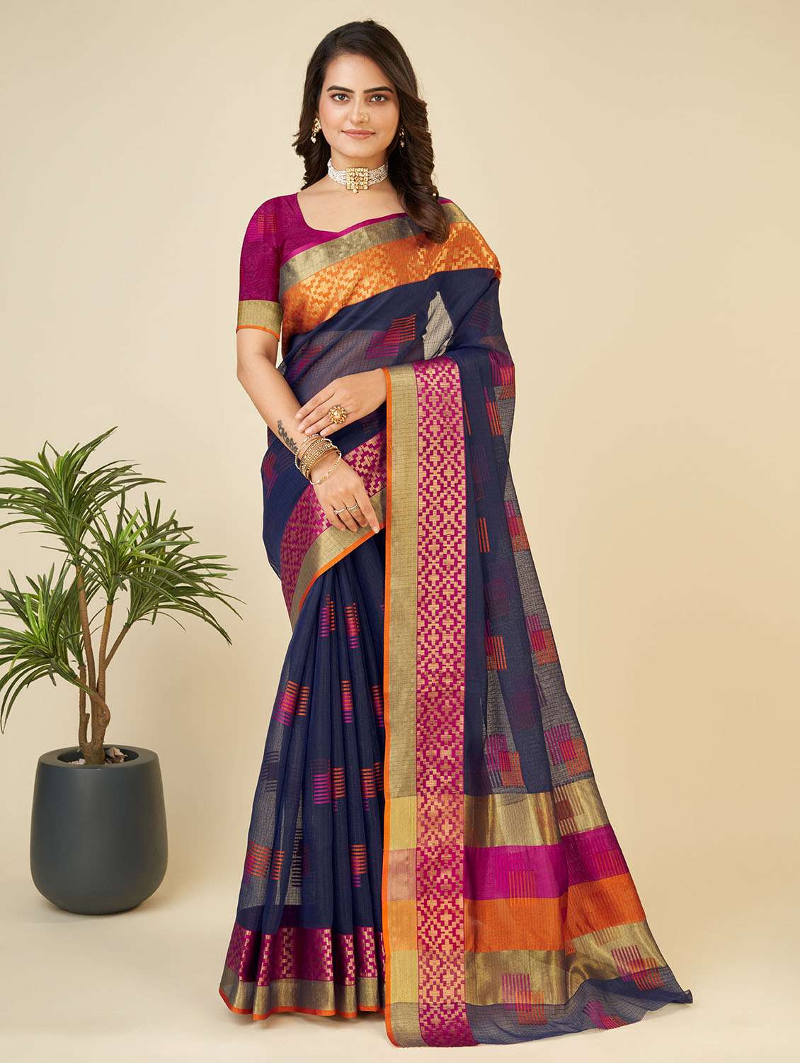 women self design  kota doria saree with blouse