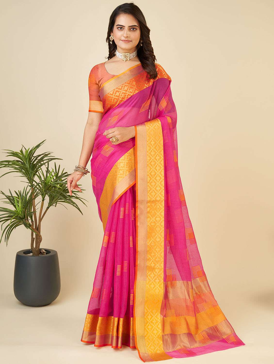 women self design  kota doria saree with blouse