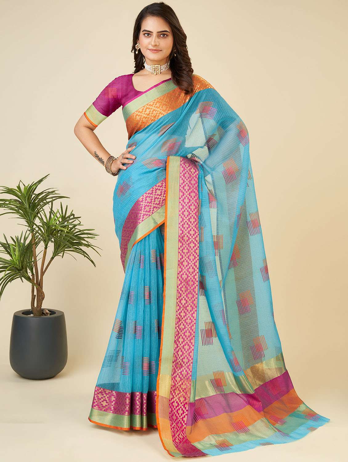 women self design  kota doria saree with blouse
