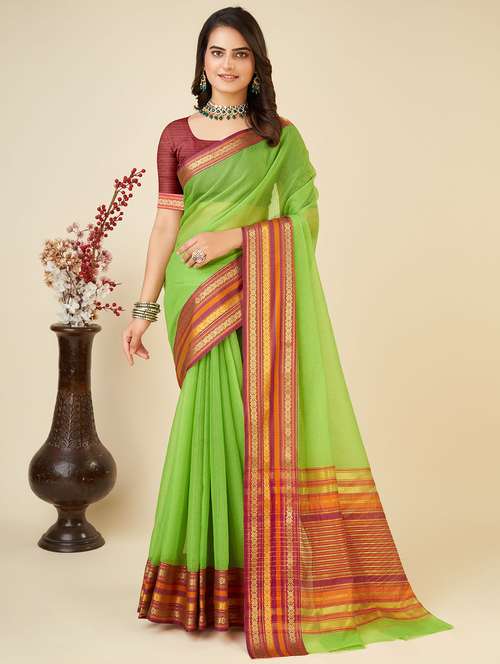 women green kota doria saree with blouse - 22001307 -  Standard Image - 0