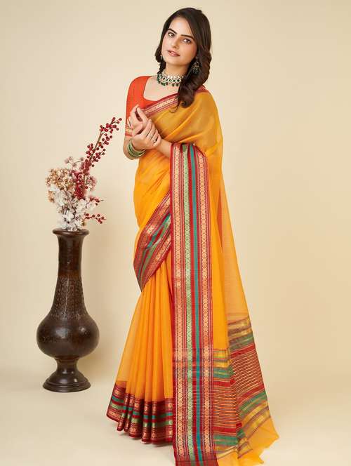 women solid with bordered kota doria saree with blouse - 22001308 -  Standard Image - 0