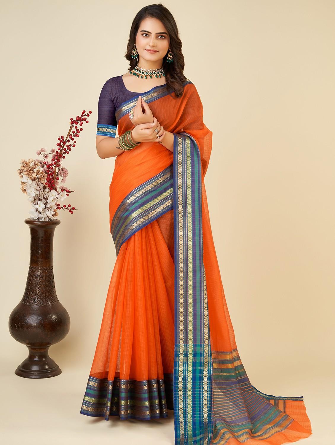 women solid with bordered kota doria saree with blouse - 22001310 - Zoom Image - 0