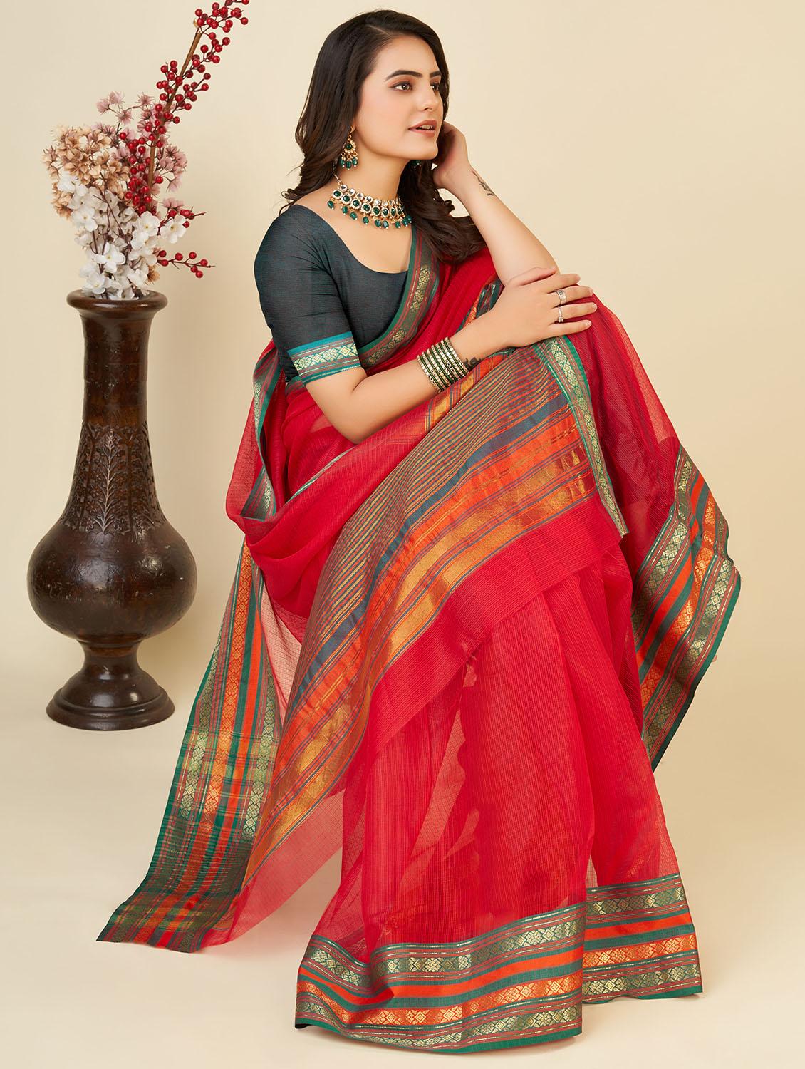 women solid with bordered kota doria saree with blouse - 22001311 - Standard Image - 3