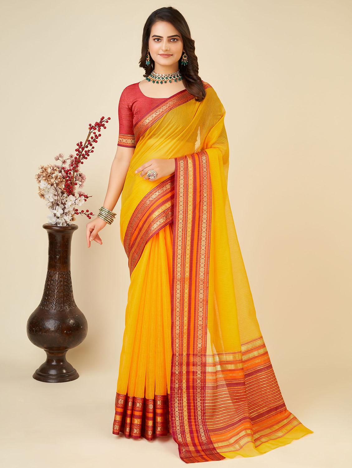 women yellow kota doria saree with blouse - 22001312 -  Zoom Image - 0