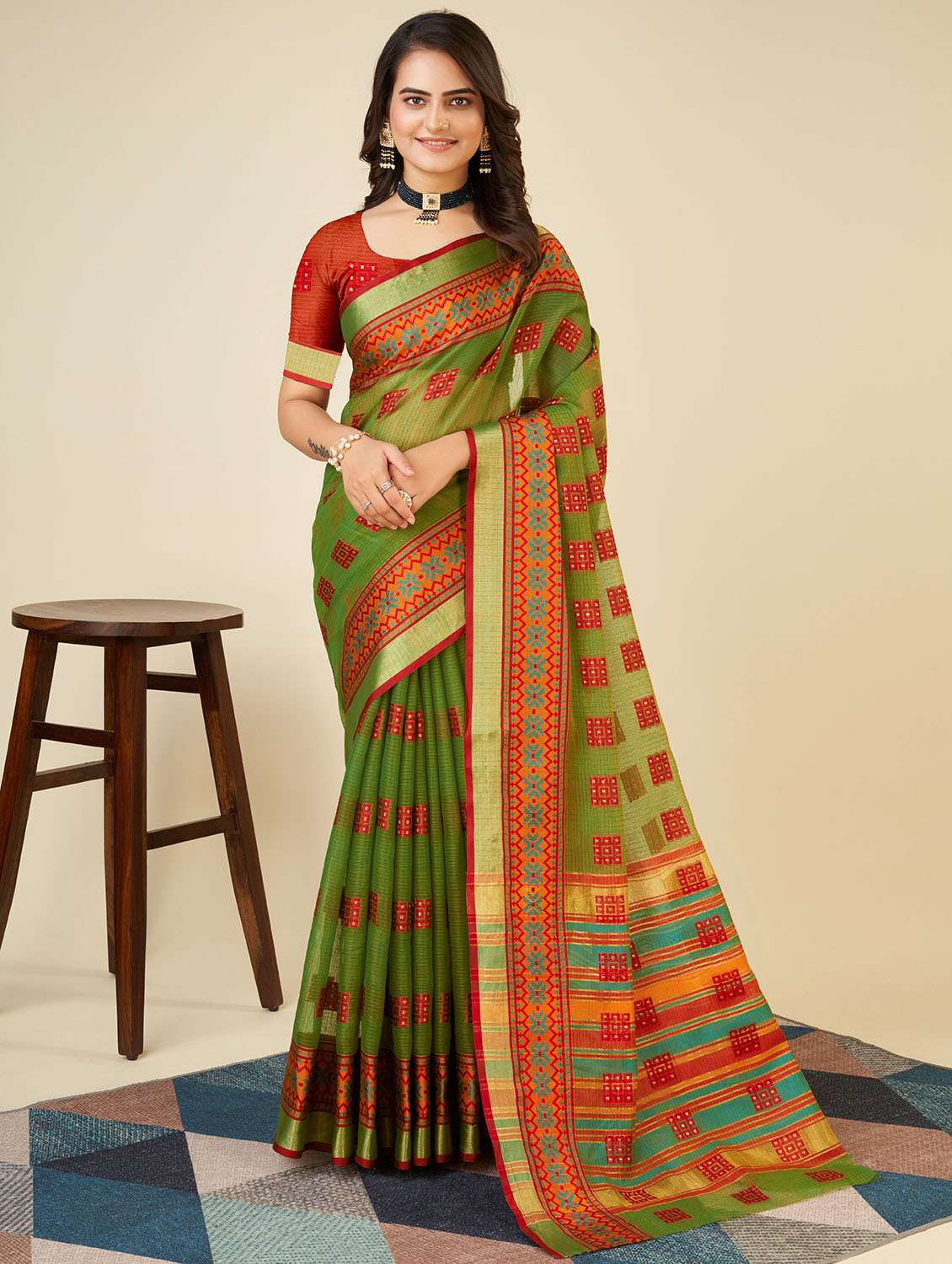 women self design kota doria saree with blouse