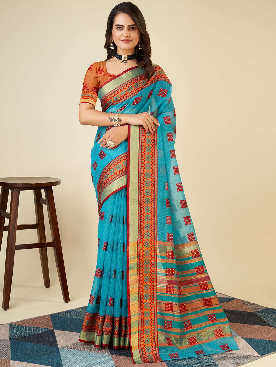 women self design kota doria saree with blouse