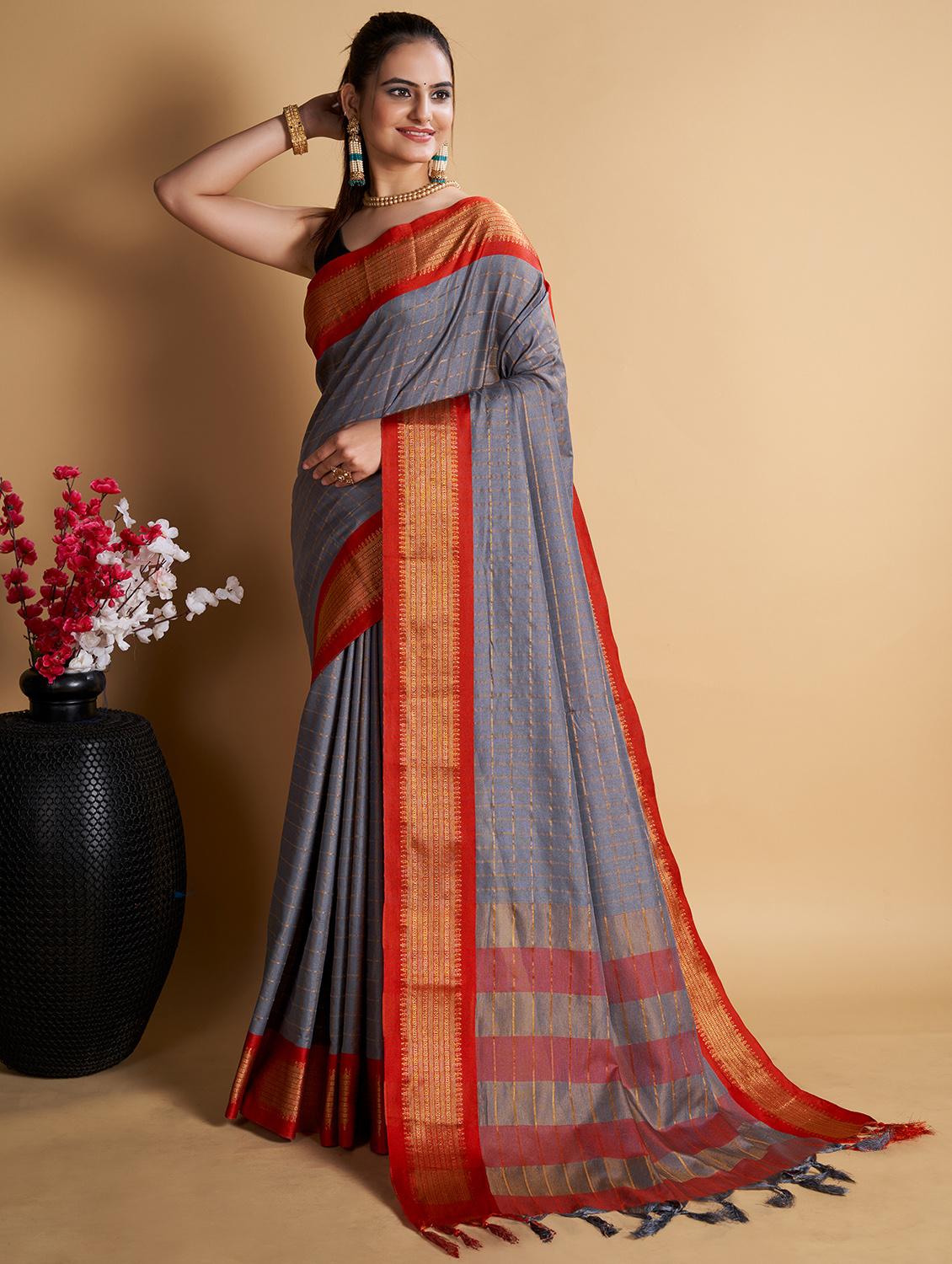 women checkered bordered saree with blouse