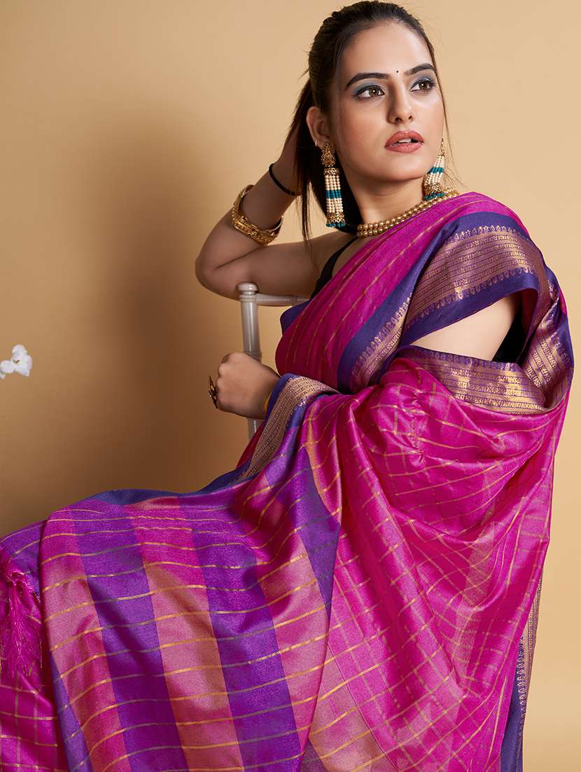 women checkered bordered saree with blouse - 22001338 -  Standard Image - 3