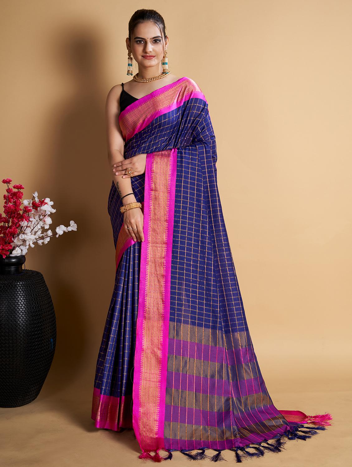 women checkered bordered saree with blouse