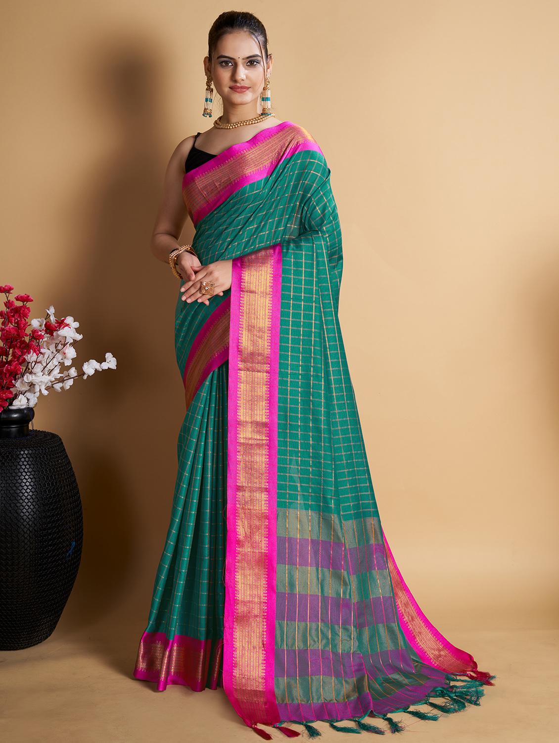 women checkered bordered saree with blouse