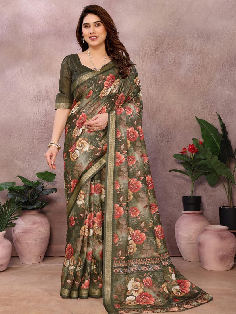 women floral printed bordered saree with blouse - 22001375 - Zoom Image - 0