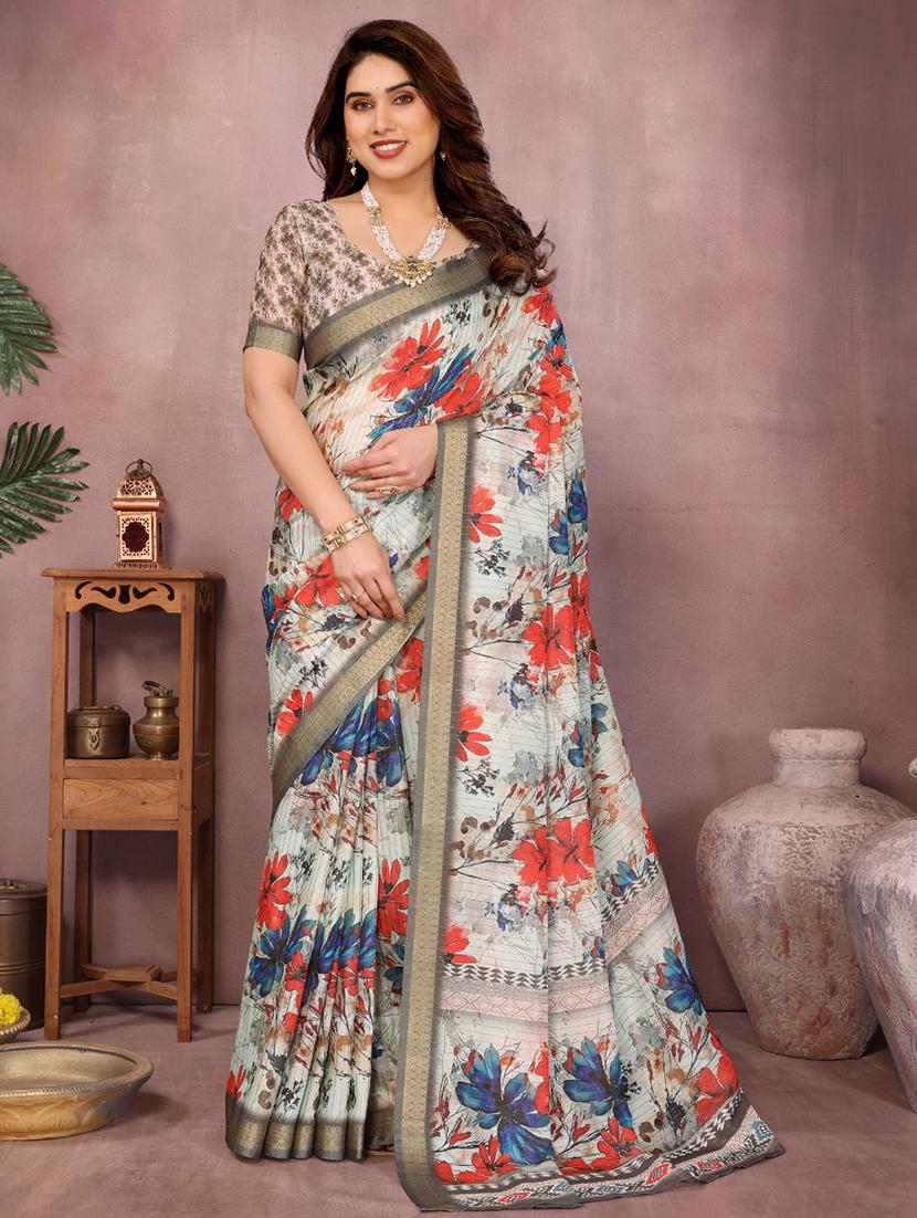 women floral printed bordered saree with blouse - 22001376 - Zoom Image - 0