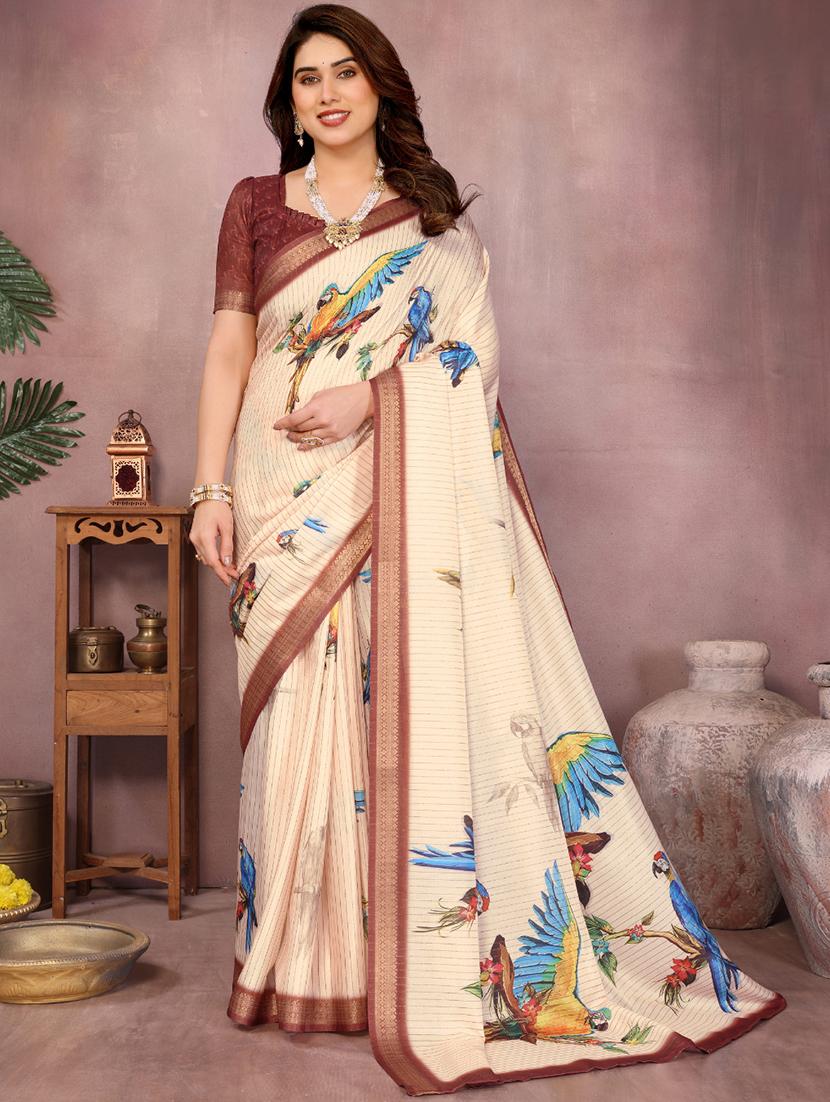 women printed bordered saree with blouse