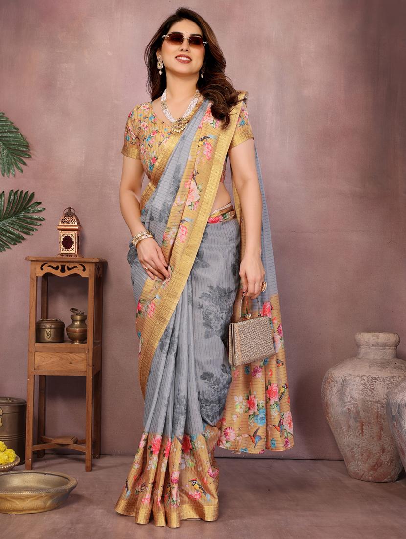 women floral printed bordered saree with blouse