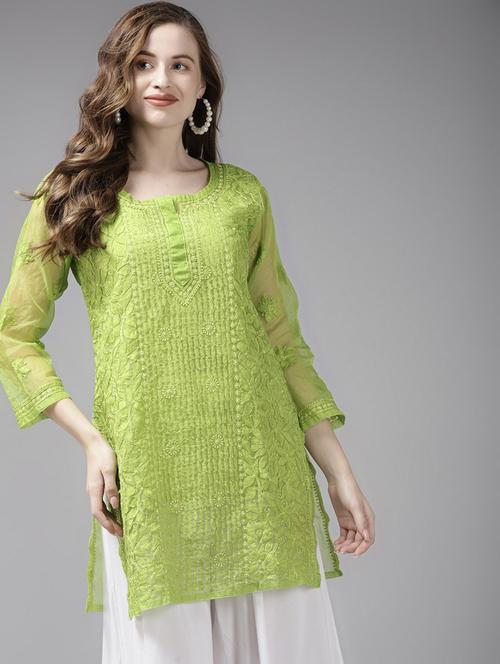 women solid with work notch neck chikanakri kurti - 22001384 -  Standard Image - 0