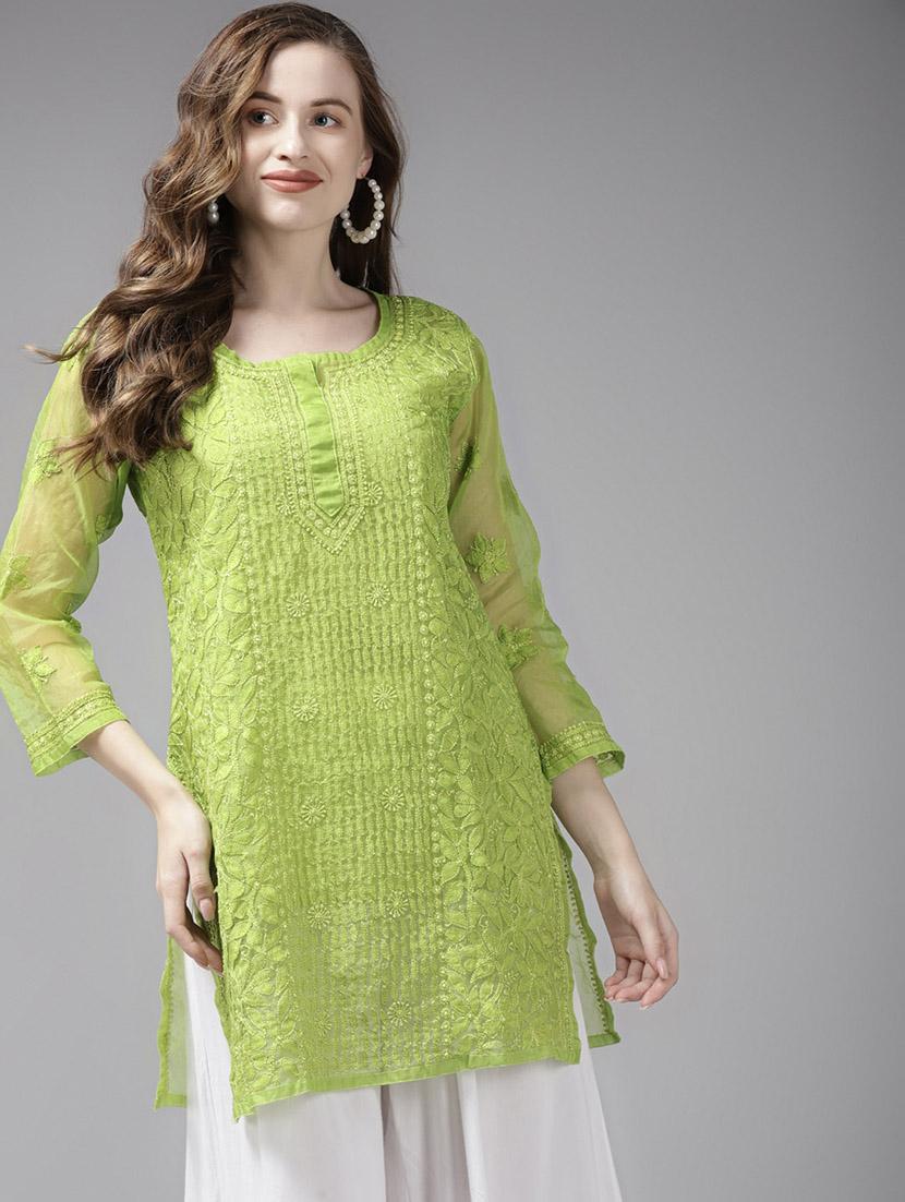 women solid with work notch neck chikanakri kurti