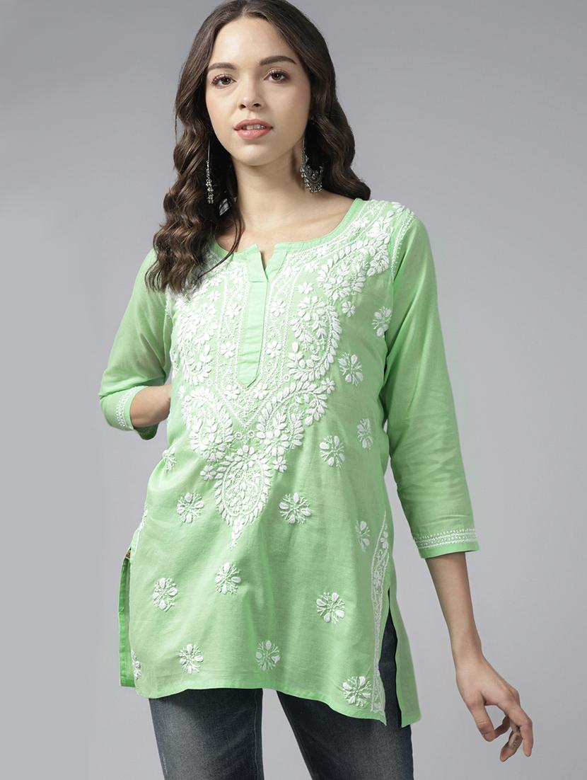 green cotton straight kurti - 22001477 - Zoom Image - 0