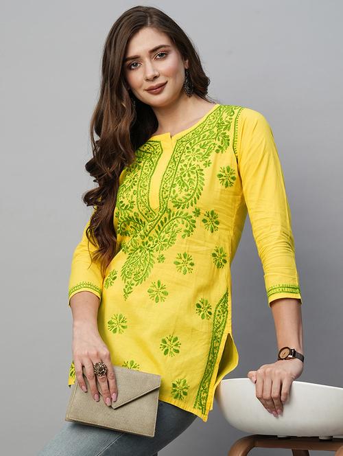 yellow cotton straight kurti - 22001478 - Standard Image - 0
