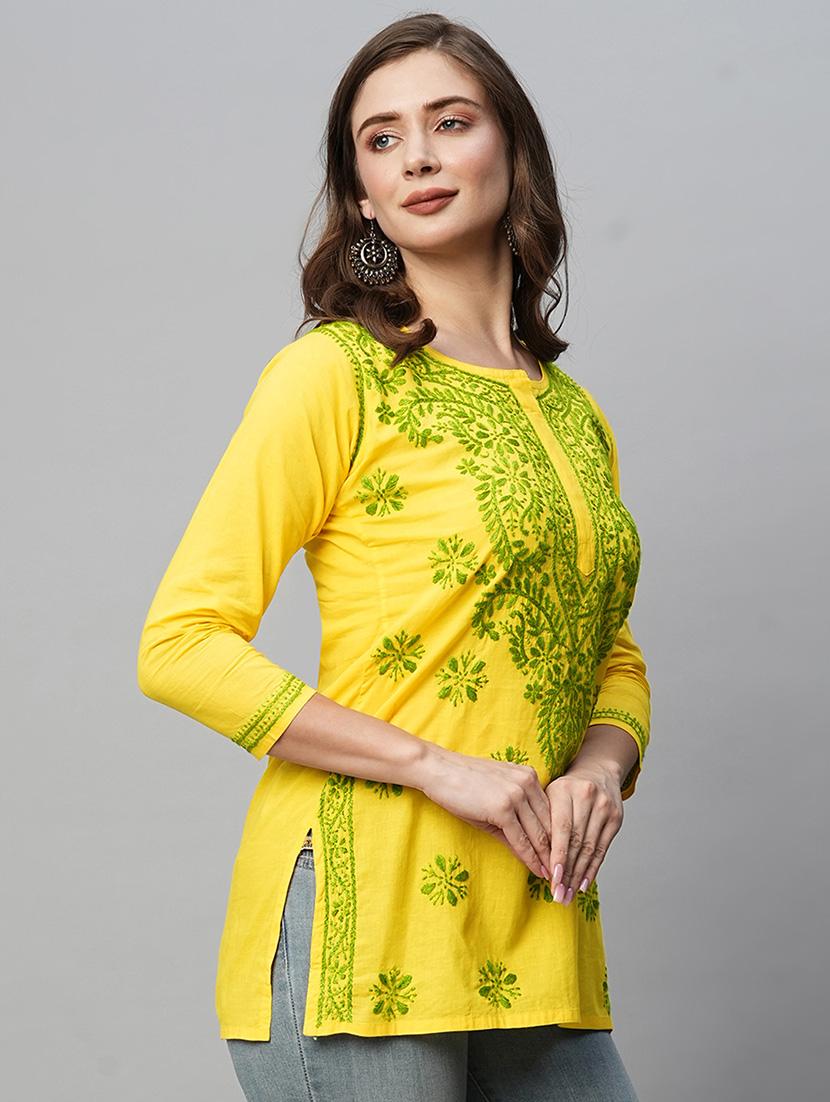 yellow cotton straight kurti - 22001478 - Standard Image - 3