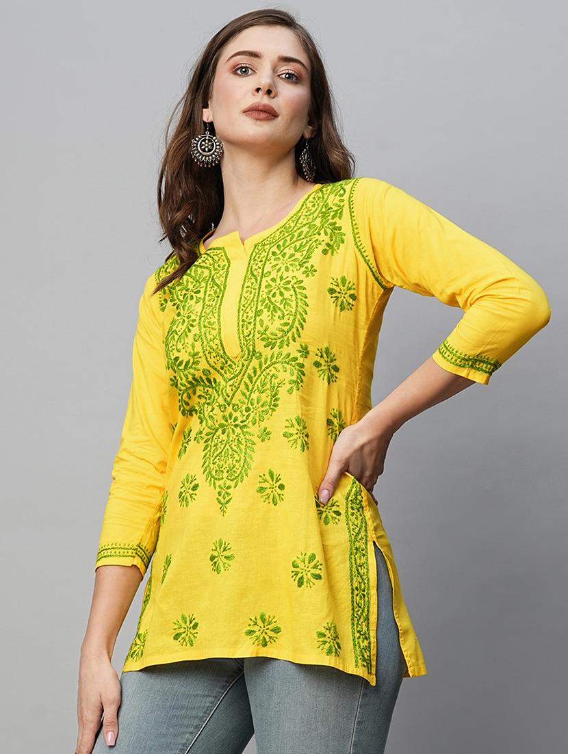yellow cotton straight kurti - 22001478 - Standard Image - 5